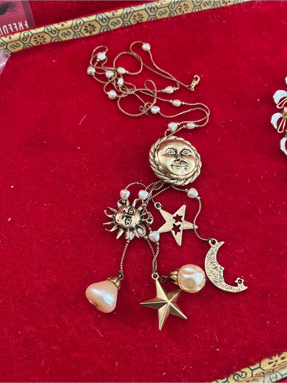Gold-Tone Celestial Charm Necklace with Pearls 14 k gold plated